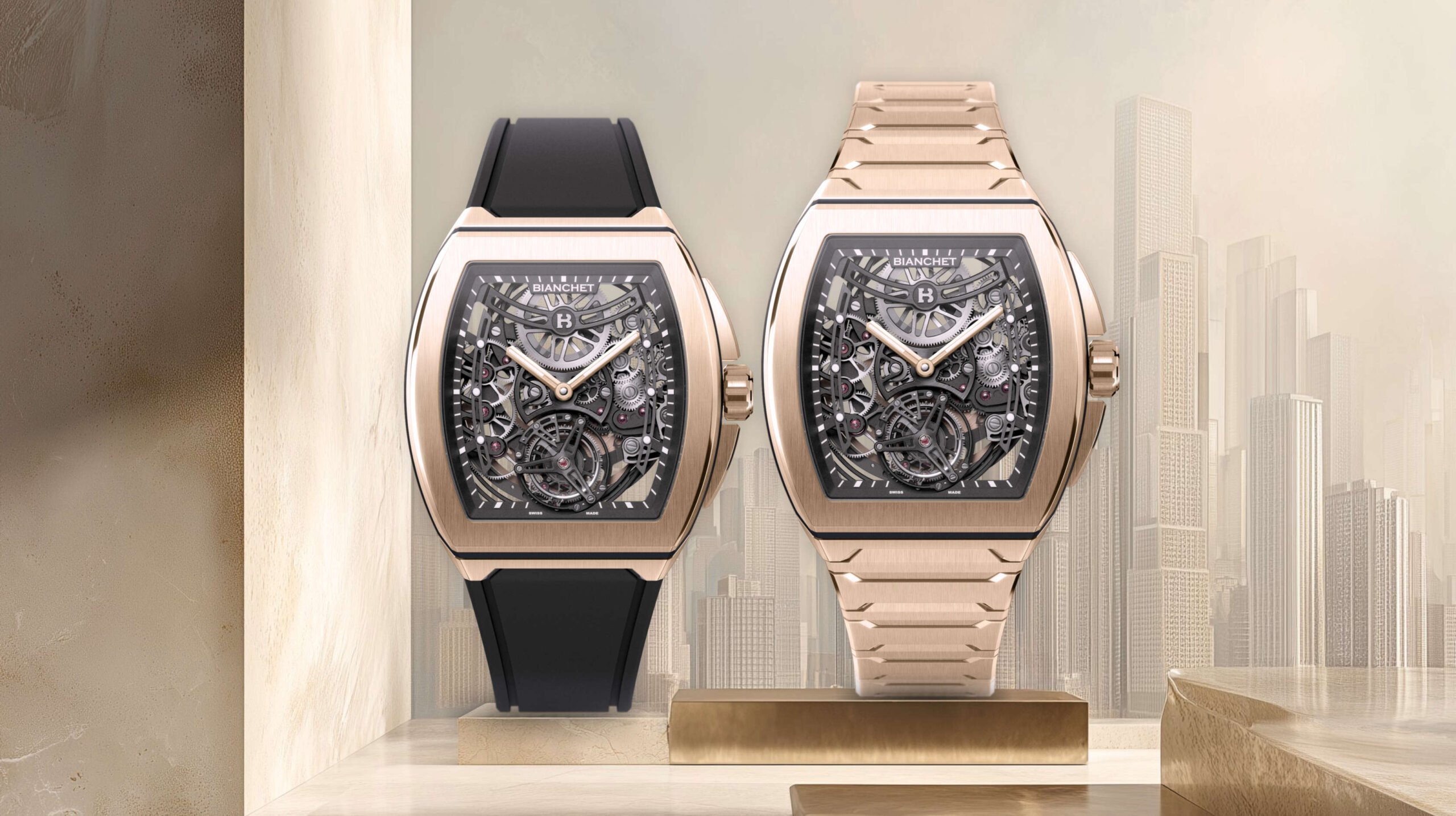 Bianchet UltraFino Skeleton Rose Gold Edition with bracelet and rubber strap, head on