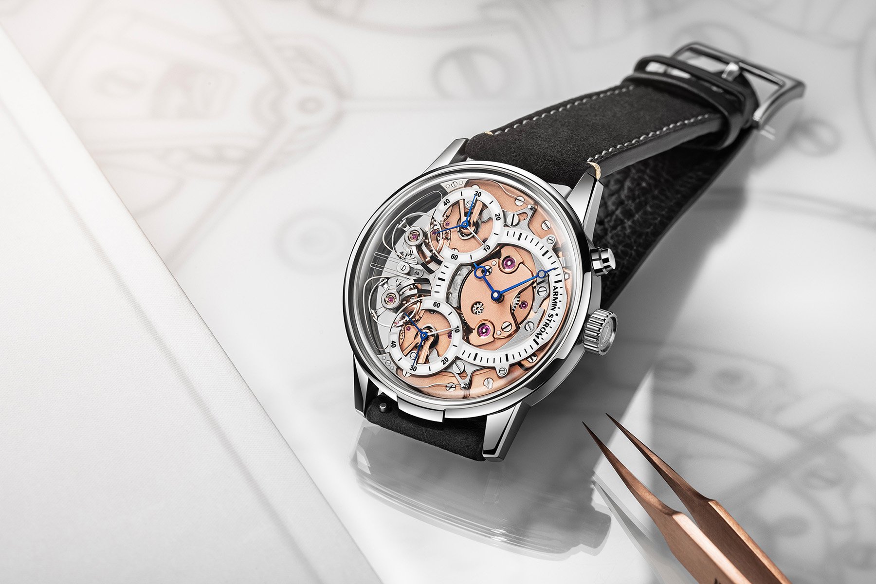 Armin Strom Mirrored Force Resonance Zeitgeist 1665 propped up on strap