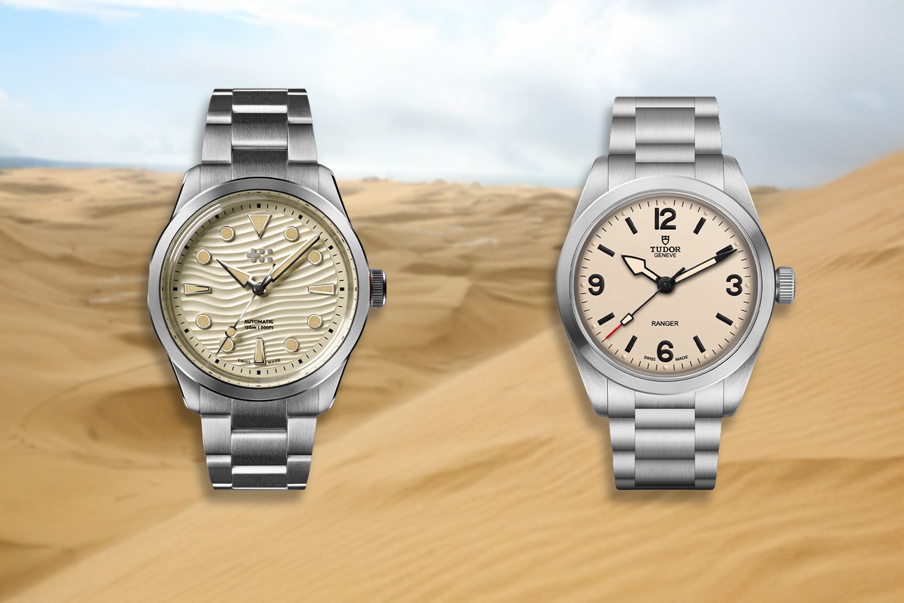 Tudor Ranger Dune White vs. Christopher Ward C65 Dune Aeolian Sand collage